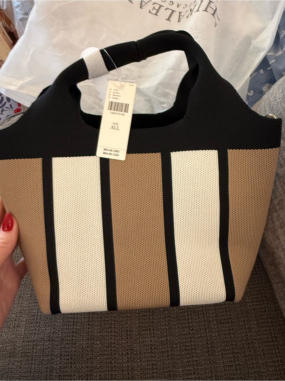 New Anthropologie Shiraleah Striped Knit Tote Bag in Black, Tan & White